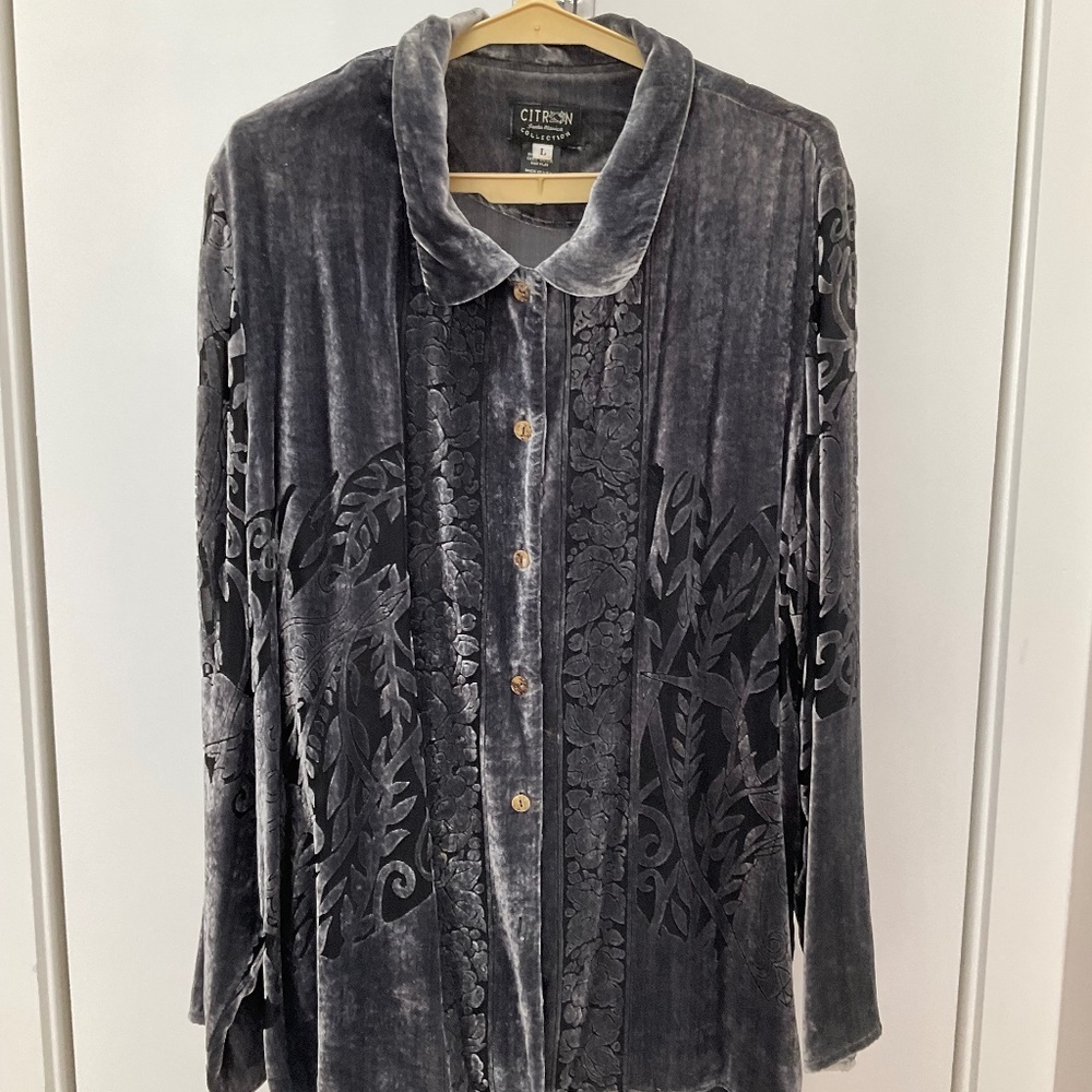 Grey Silk Devore Two Piece Over Blouse and Coordinated Maxi Skirt
